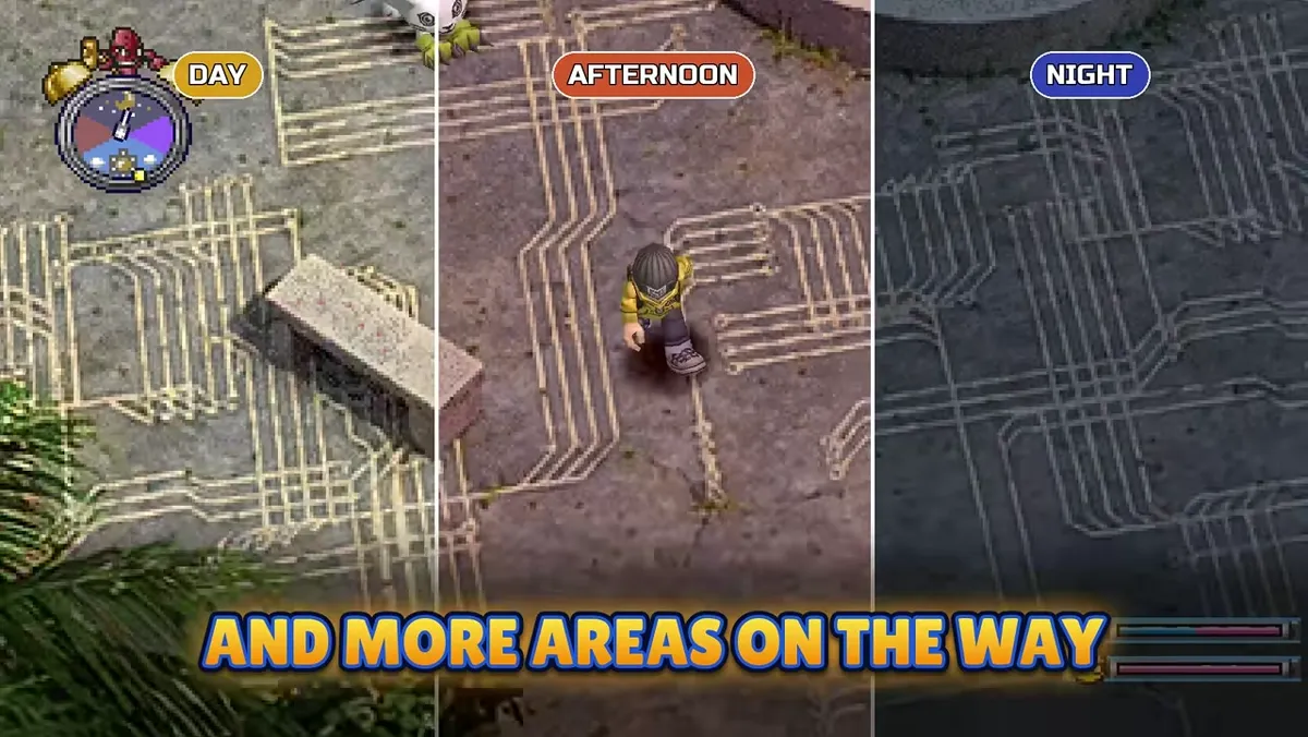 Side-by-side Day Afternoon and Night lighting comparison for a DWDE hub area in the new maps trailer montage