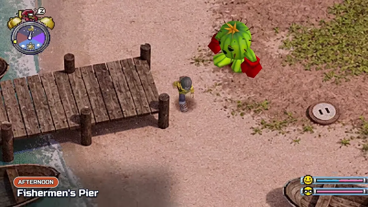 Fishermen’s Pier Afternoon scene in the DWDE trailer with wooden dock and Togemon on the sand