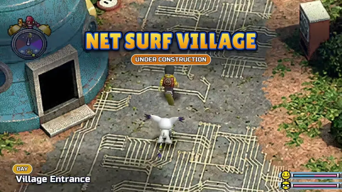 Net Surf Village marked UNDER CONSTRUCTION at Village Entrance during Day in Digimon World Definitive Edition trailer gameplay