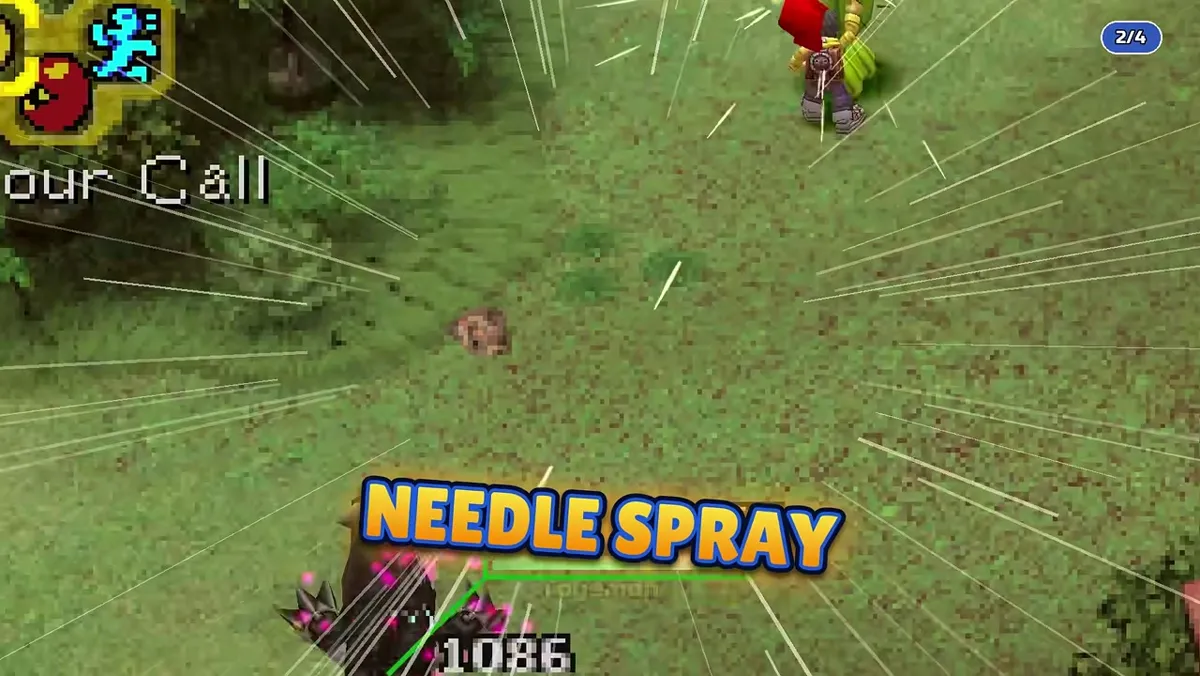 Togemon performing the Needle Spray finishing move with large on-screen move text in DWDE battle