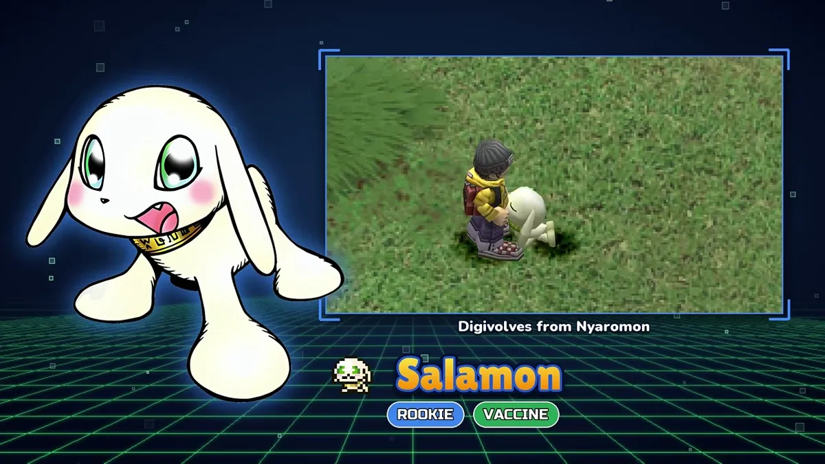 Salamon Rookie Vaccine card in the DWDE trailer with digivolves from Nyaromon text and field gameplay
