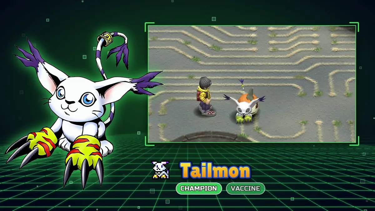 Tailmon Champion Vaccine showcase card with circuit-board-style field gameplay in the DWDE trailer