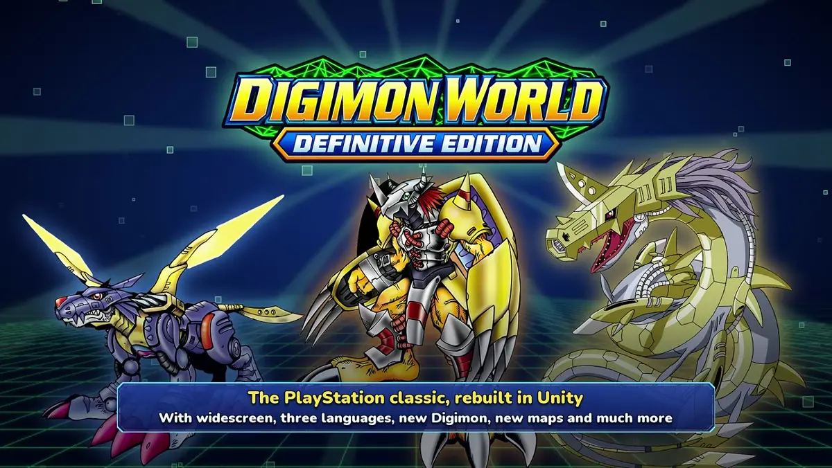Digimon World Definitive Edition logo slide from the English trailer stating the PlayStation classic is rebuilt in Unity with widescreen and new content