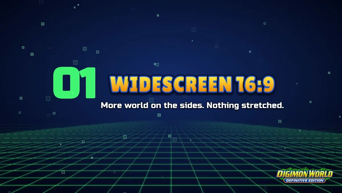 Trailer feature 01 slide for Digimon World Definitive Edition widescreen 16:9 with the caption more world on the sides and nothing stretched