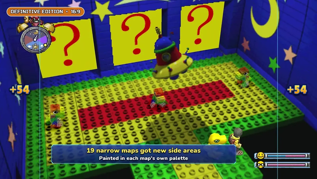 DWDE widescreen feature 01 with plus 54 labels on newly painted side areas beside a toy-brick interior and a caption about 19 narrow maps