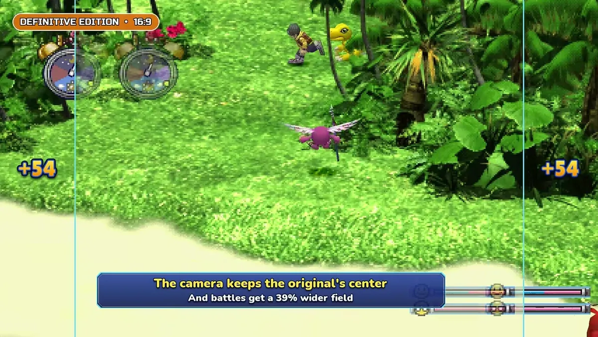 Beach battle scene in DWDE widescreen with on-screen text about the camera keeping the original center and a 39 percent wider battle field