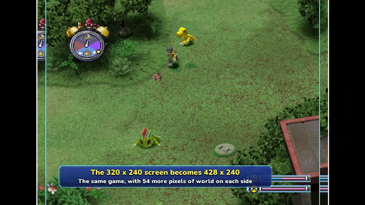 Digimon World Definitive Edition trailer overlay explaining 320 by 240 becoming 428 by 240 with 54 more pixels of world on each side