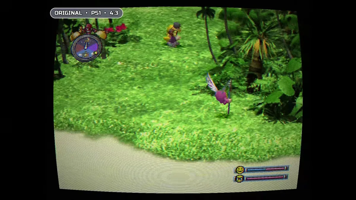 Original Digimon World PS1 footage shown inside a CRT frame in the DWDE trailer for aspect-ratio comparison