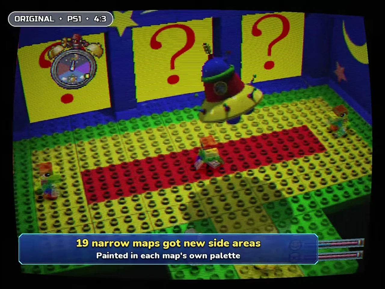 Trailer frame showing PS1-style 4:3 map view with CRT bezel